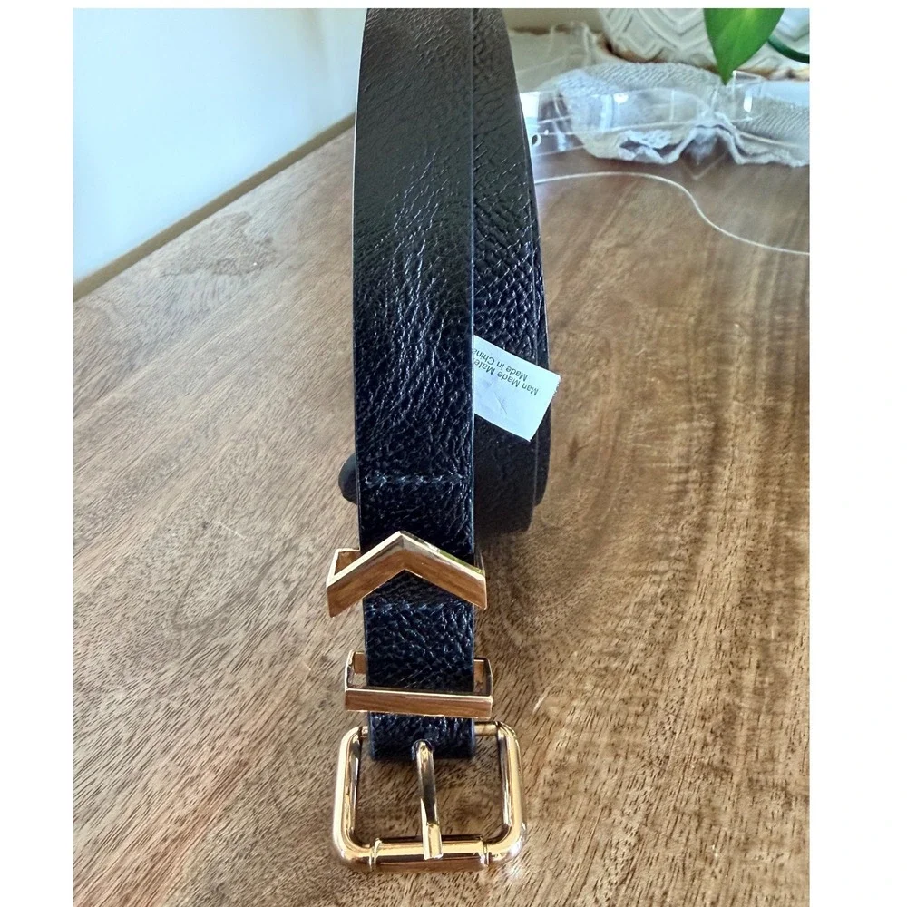 Vince Camuto Belt Women Large Black Gold Chevron Buckle Pebbled Faux Leather